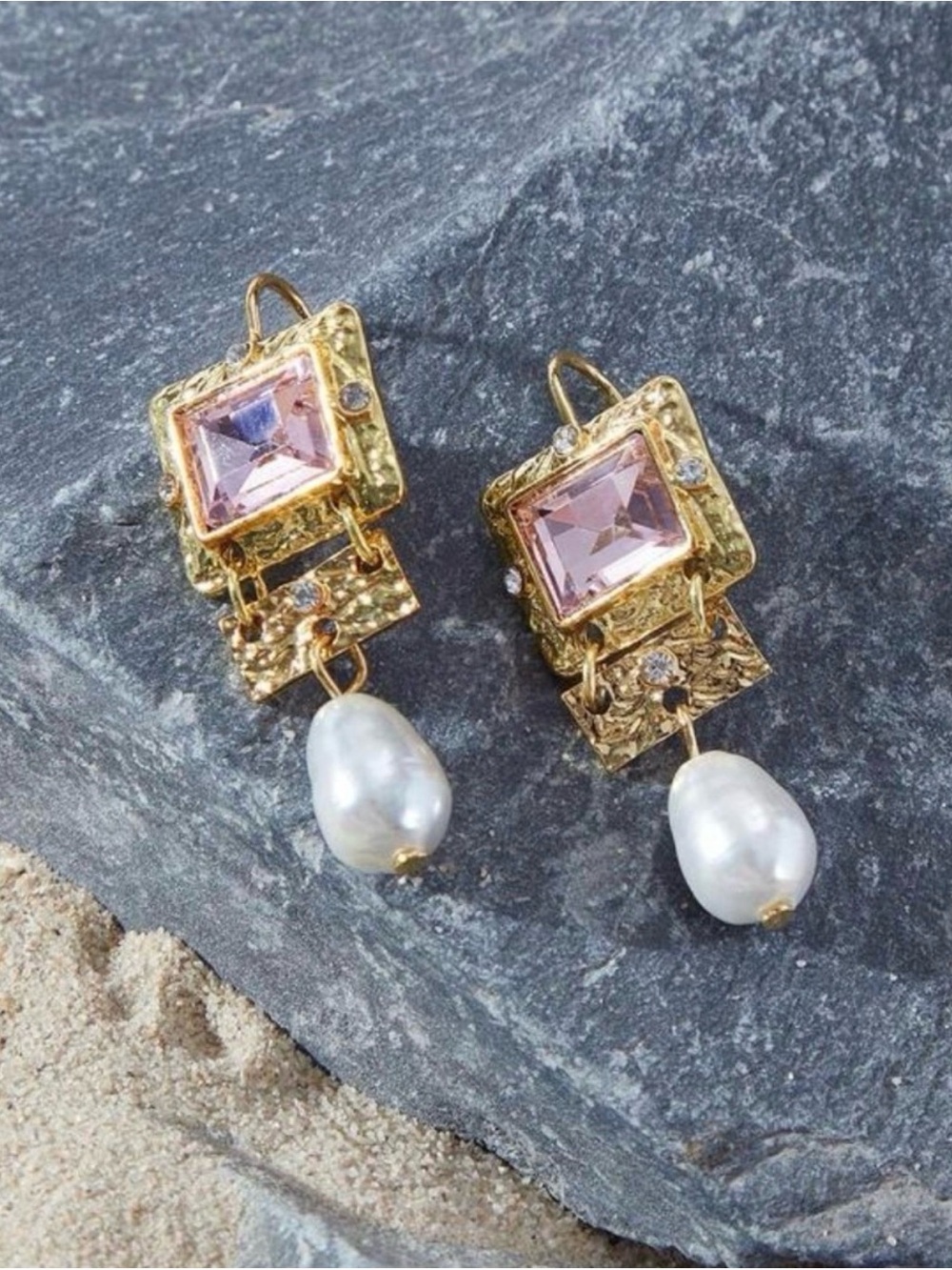 Pink Crystal & Pearl Drop Earrings - Picture 4 of 5